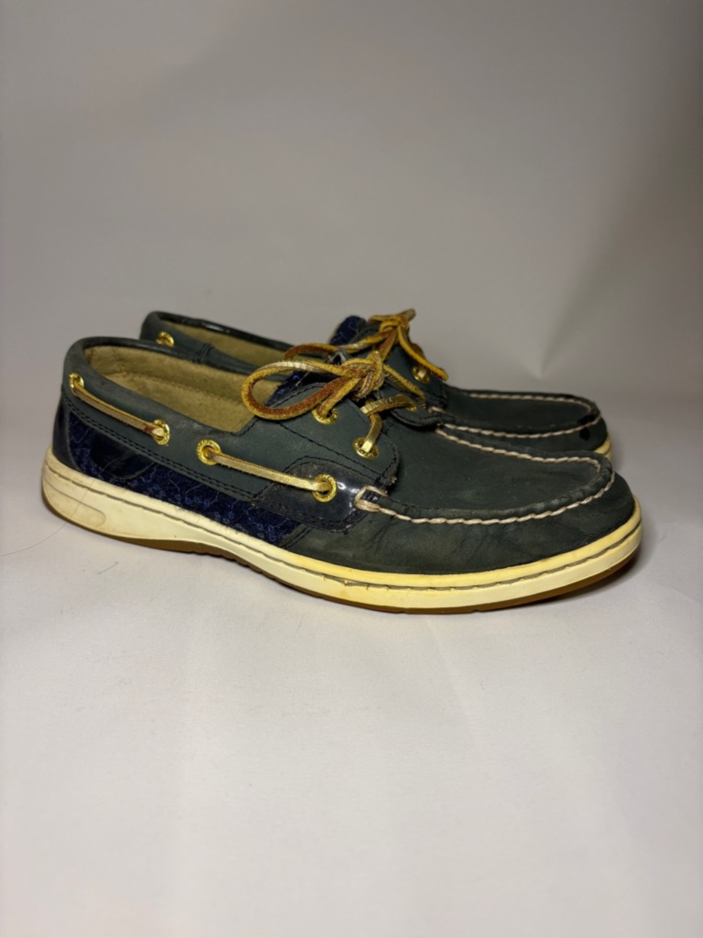 Sperry Top-Sider Boat Shoes Angelfish Blue Gold Leather Lace Up Sequin Size 6.5